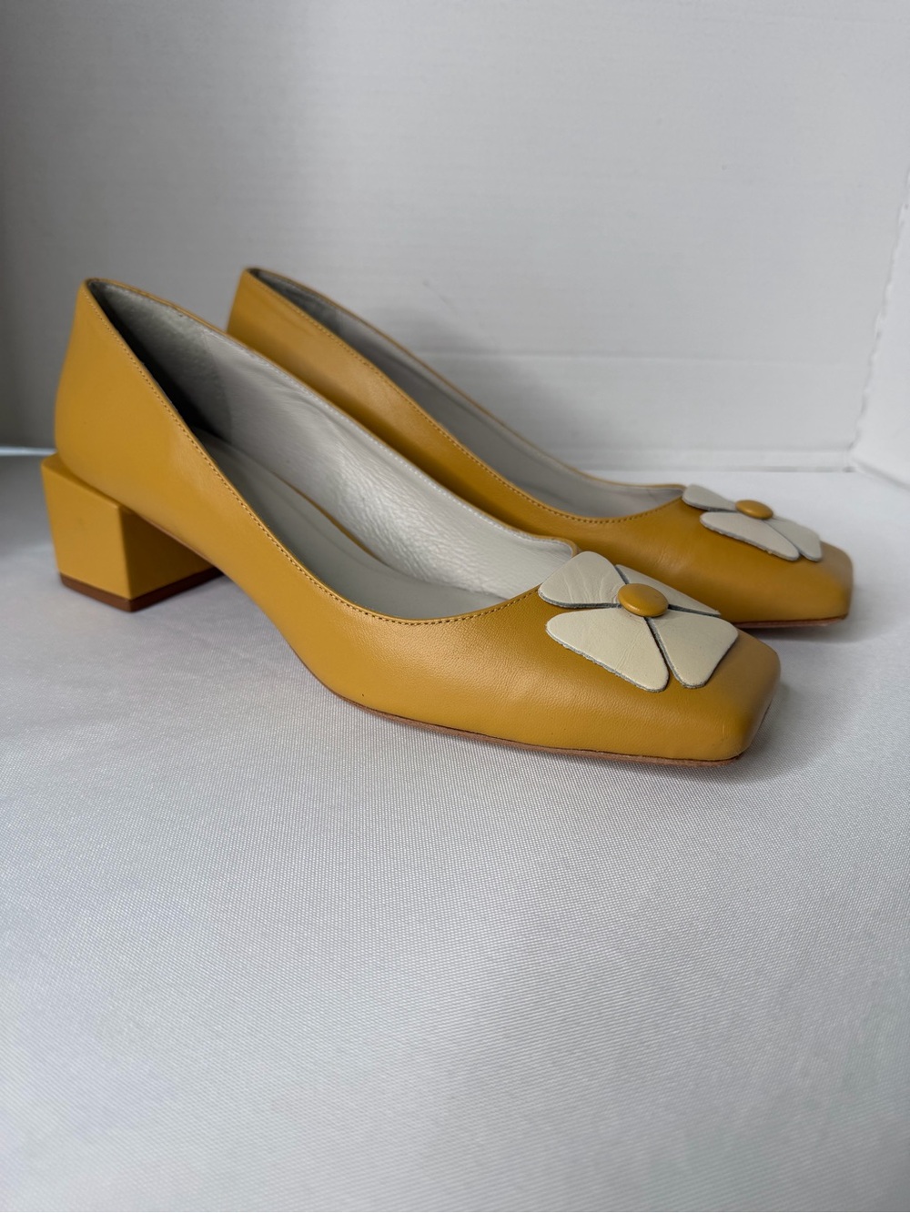 Mustard Yellow Leather Block Heel Pumps with Cream Floral Accent